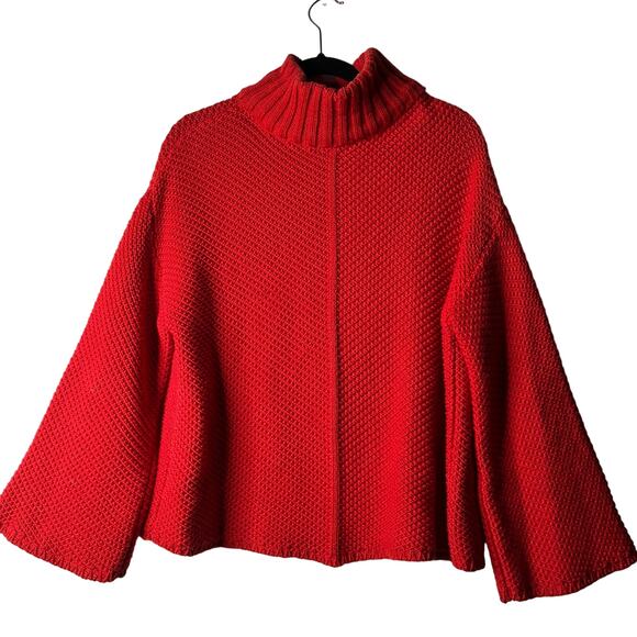 Pull & Bear Red Mock Neck Chunky Knit Bell Sleeve Sweater Medium - Picture 1 of 5